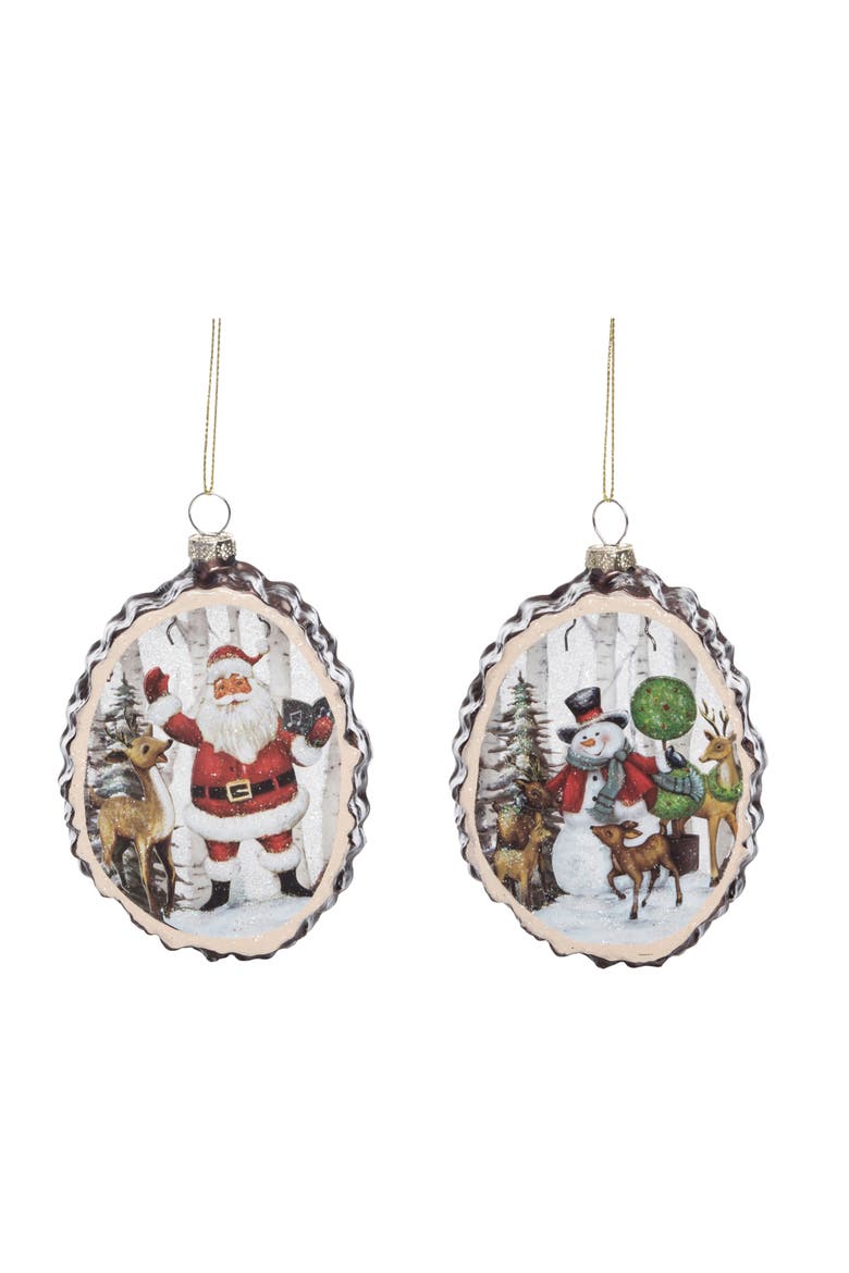 Glass Woodland Santa Snowman Scene Ornament Set of 2, Main, color, Multicolored