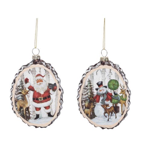 Glass Woodland Santa Snowman Scene Ornament Set of 2