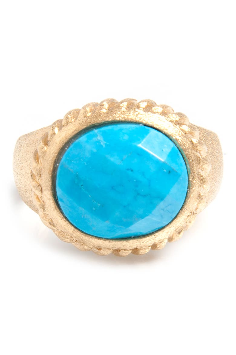 18K Yellow Gold Plated Twisted Bezel Oval Faceted Magnesite Satin Ring, Main, color, 18K GOLD CLAD