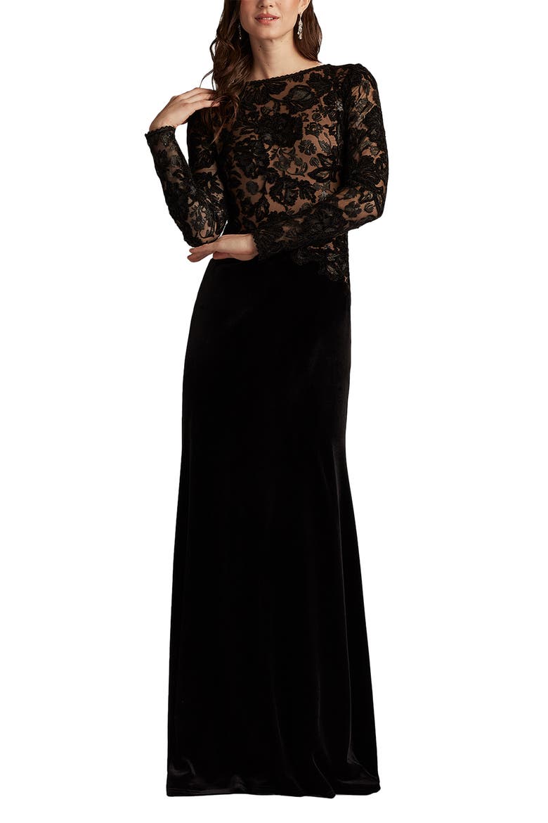 Embroidered Bodice Long Sleeve Gown, Alternate, color, BLACK/ BEIGE