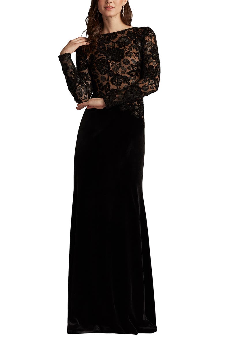Tadashi Shoji Embroidered Bodice Long Sleeve Gown, Alternate, color, Black/ Beige