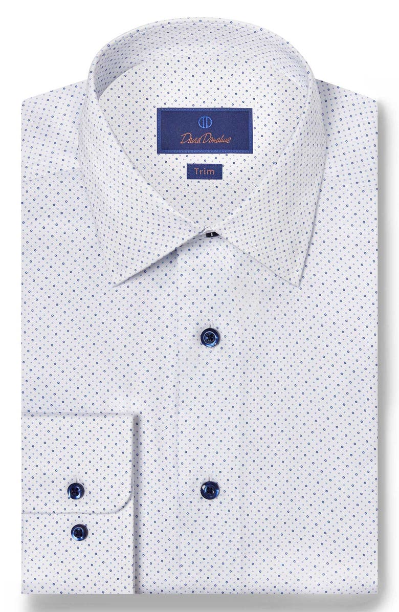 David Donahue Trim Fit Neat Cotton Herringbone Dress Shirt, Main, color, White/ Blue