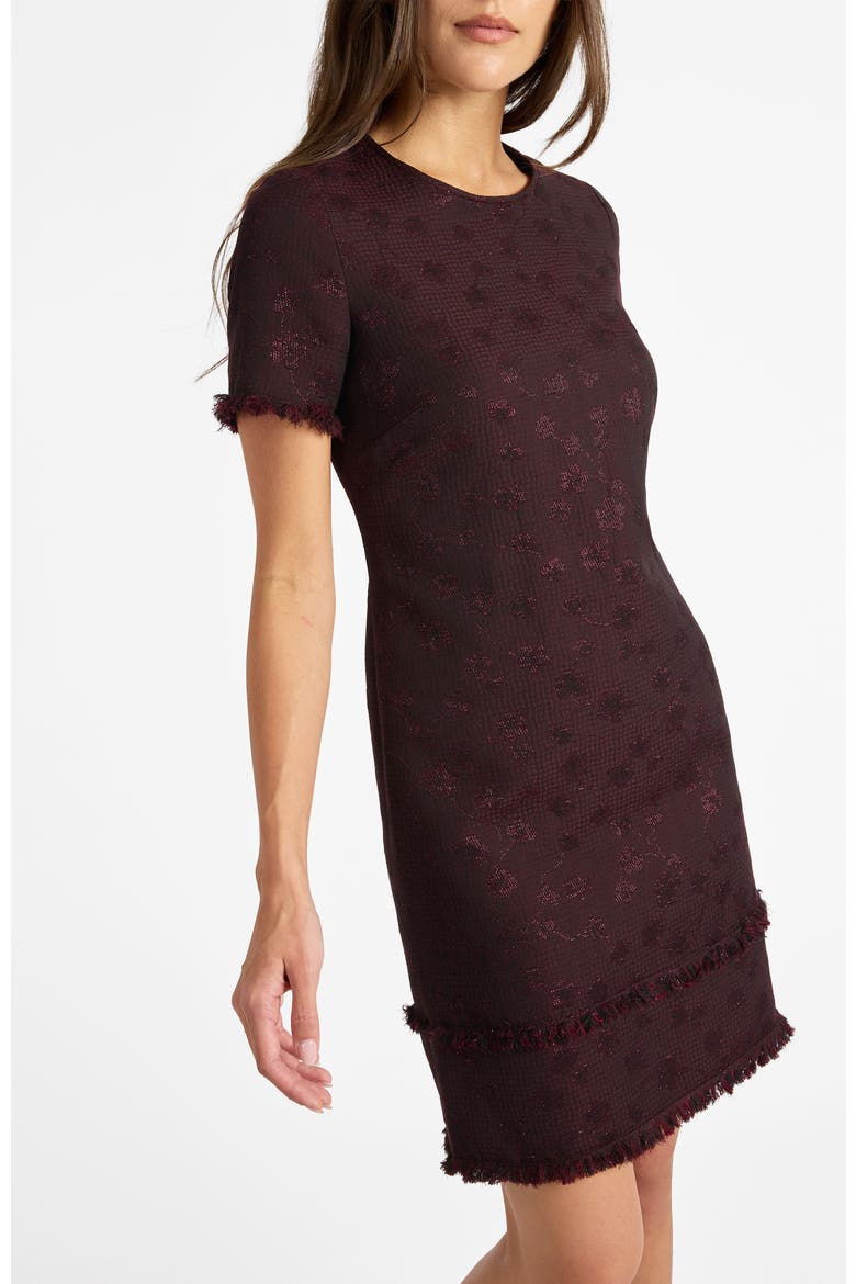 Melania Short Sleeve Shift Dress in Tonal Jacquard, Alternate, color, RAISIN