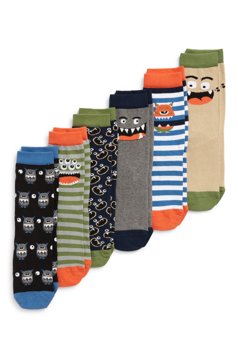 Silly Monster 6-Pack Crew Socks, Main, color, NAVY DENIM MULTI