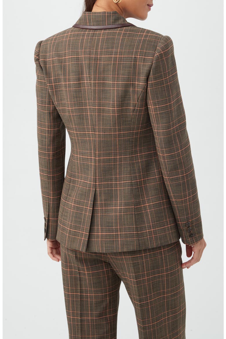 Cassy Plaid Faux Leather Trim Double Breasted Blazer, Alternate, color, BROWN MULTI