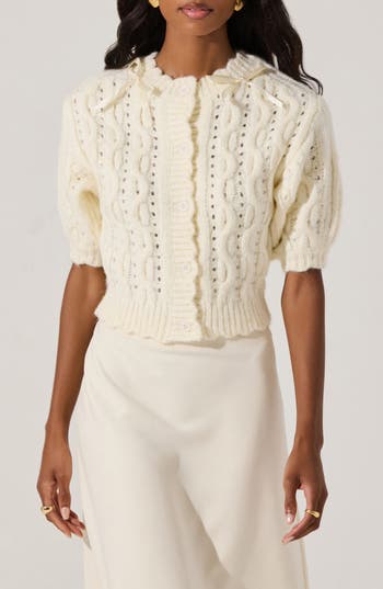 Astr The Label Bow Cable Stitch Short Sleeve Cardigan