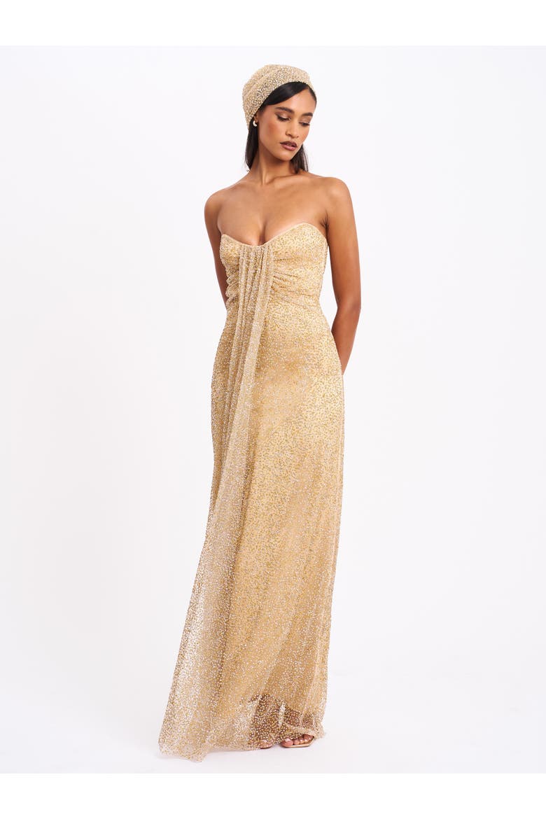 Ada Rhinestone Embellished Strapless Gown with Head Scarf, Main, color, YELLOW