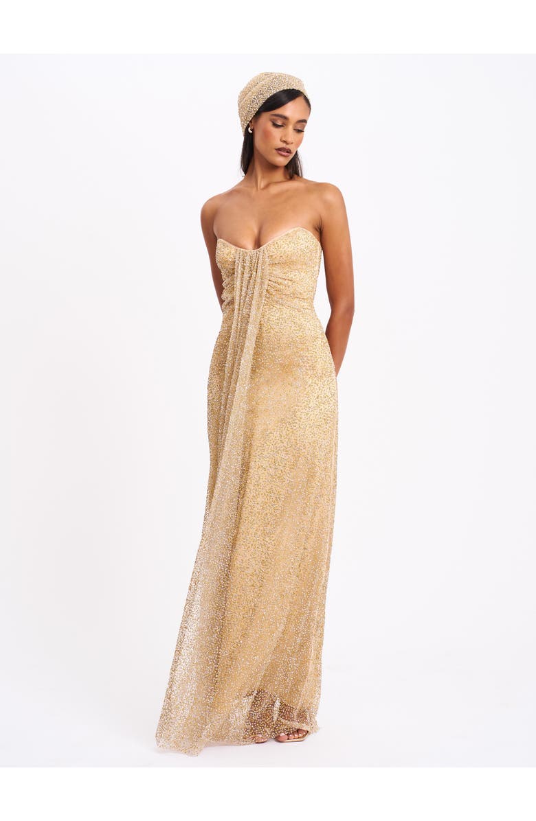 Miss Circle Ada Rhinestone Embellished Strapless Gown with Head Scarf, Main, color, Yellow