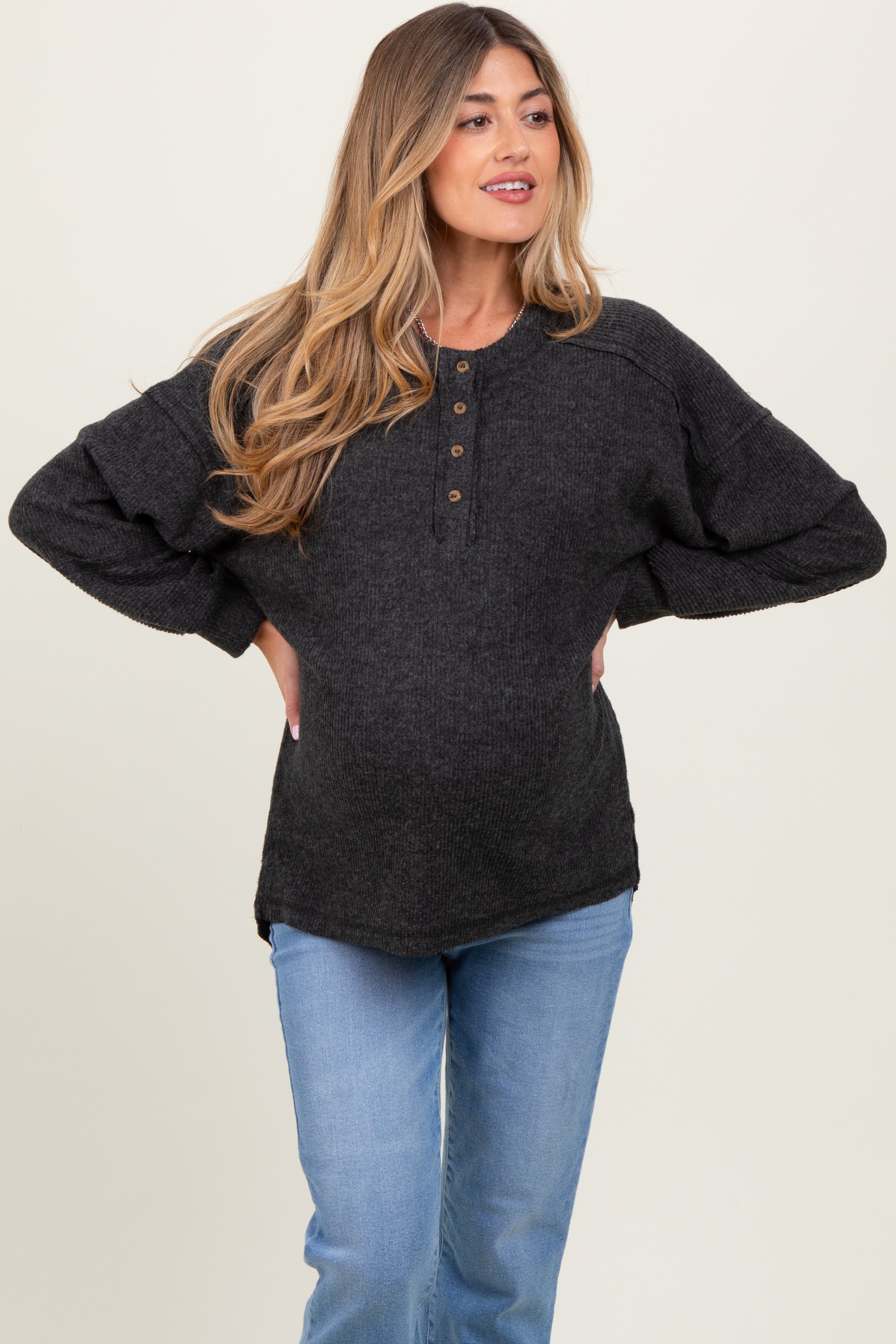 Oversized Ribbed Knit Henley Sweater - image 2