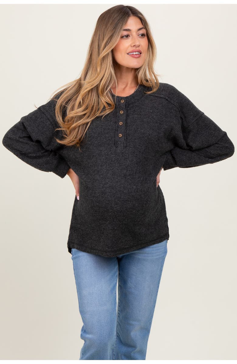 PinkBlush Oversized Ribbed Knit Henley Sweater, Alternate, color, Charcoal Grey