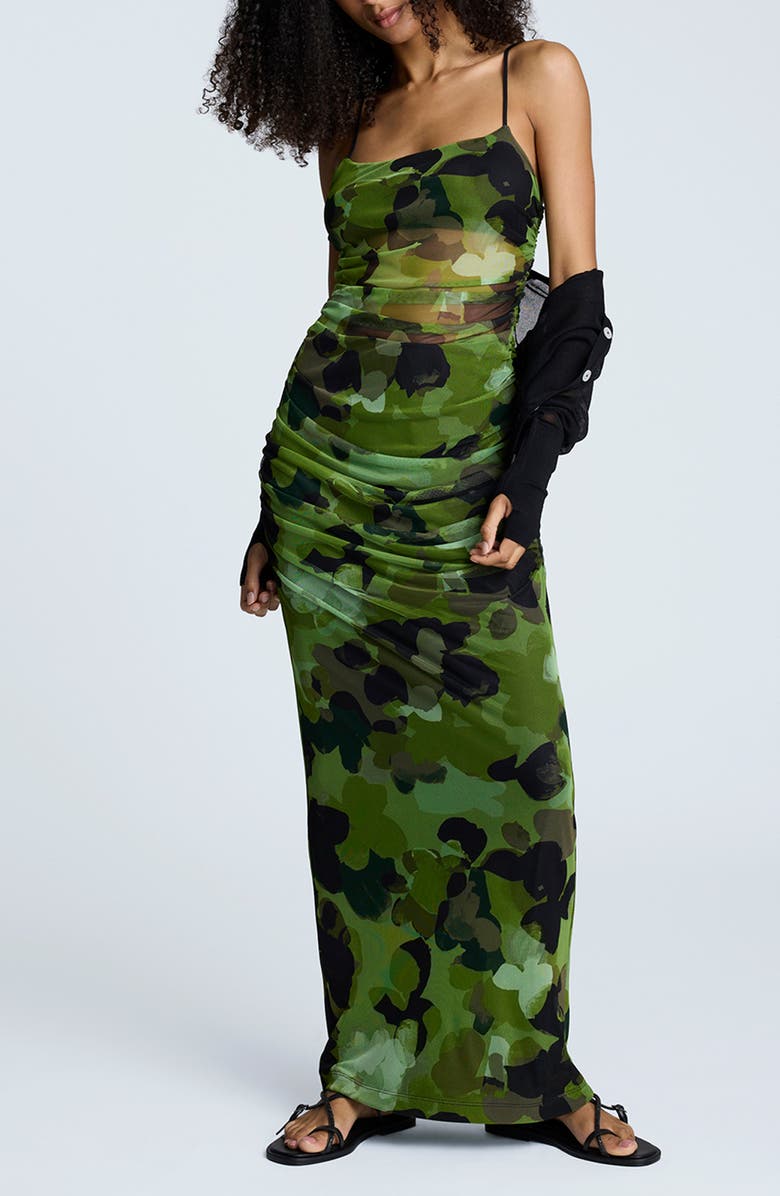 Kenneth Cole Ruched Mesh Maxi Dress, Alternate, color, Cactus Green Multi