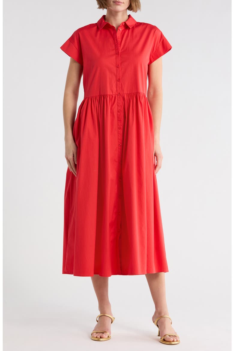 Drop Waist Button Front Cotton Midi Dress, Main, color, RED BITTERSWEET
