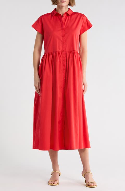 Drop Waist Button Front Cotton Midi Dress