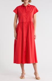 Nordstrom Drop Waist Button Front Cotton Midi Dress
