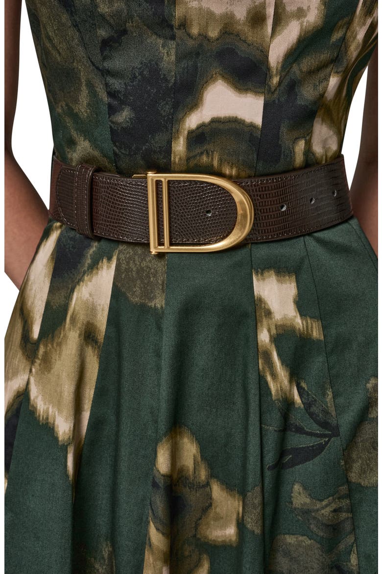 Printed Belted Fit & Flare Midi Dress, Alternate, color, BLACK FORE