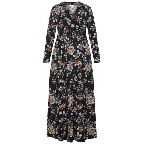 Maternity Mock Wrap Long Sleeve Pleated Maxi Dress