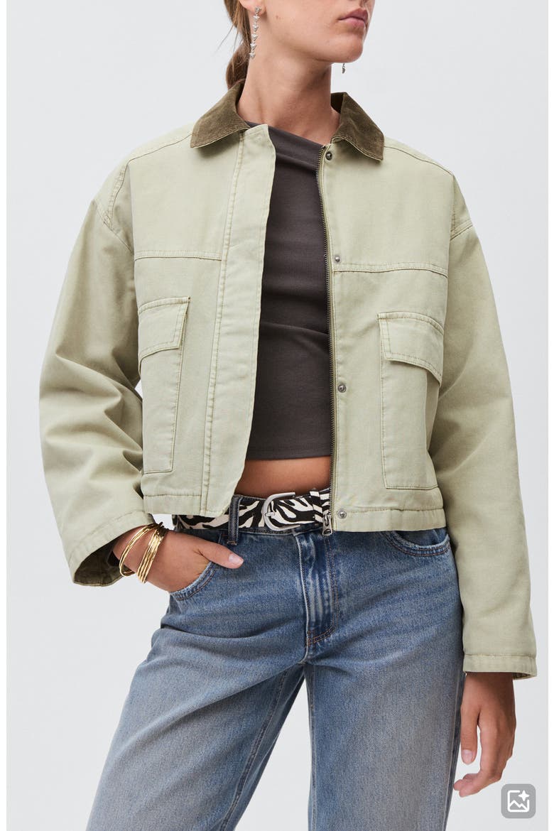 Corduroy Collar Zip Denim Jacket, Main, color, GREEN