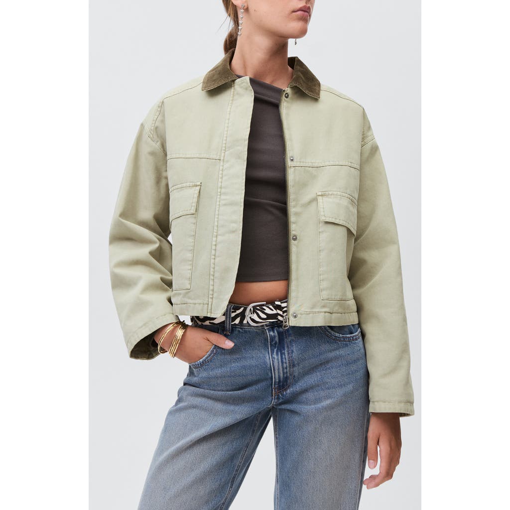 Mango Teen Corduroy Collar Zip Denim Jacket In Green