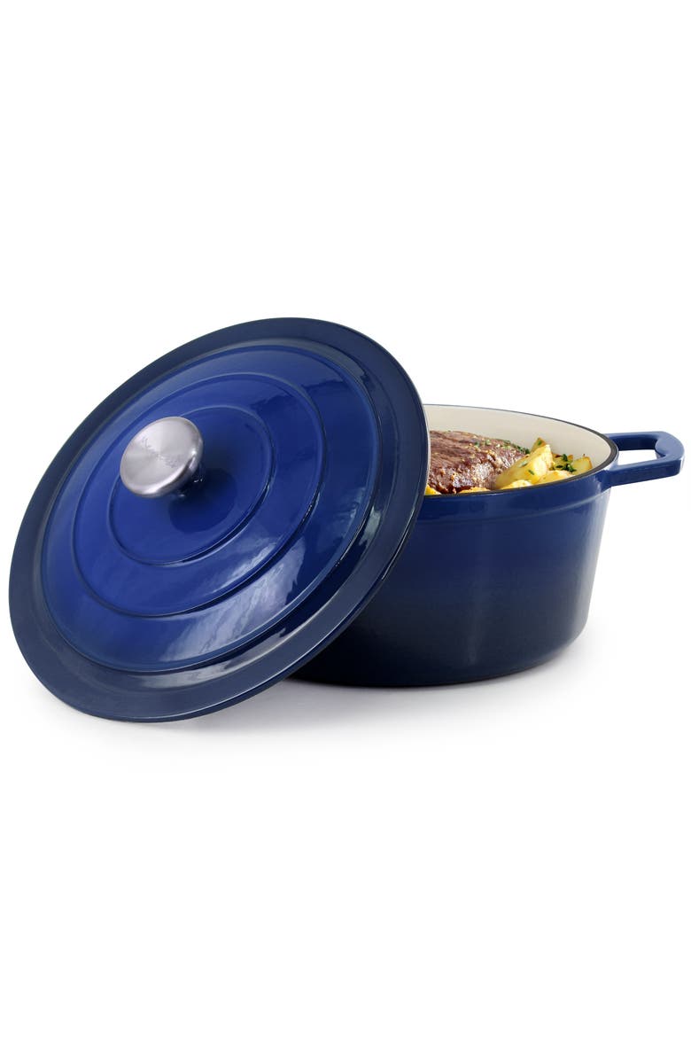 5 Quarts Round Enameled Cast Iron Casserole with Lid, Main, color, Dark Blue