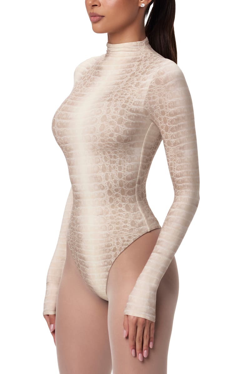 Naked Wardrobe Naked Snakeskin Print Long Sleeve Bodysuit, Alternate, color, Bone Croc