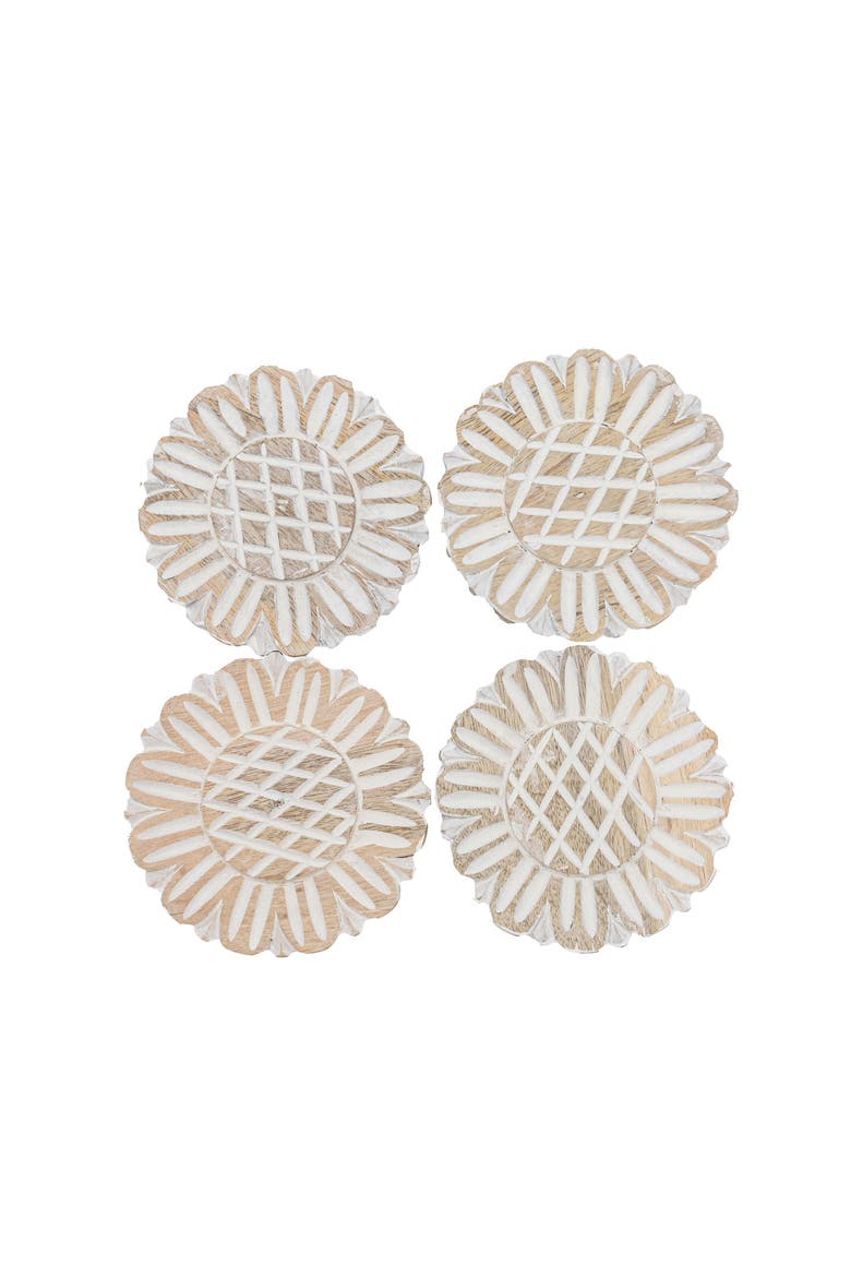 Set of 4 Floral Carved Coasters White Mango Wood & Jute, Alternate, color, White