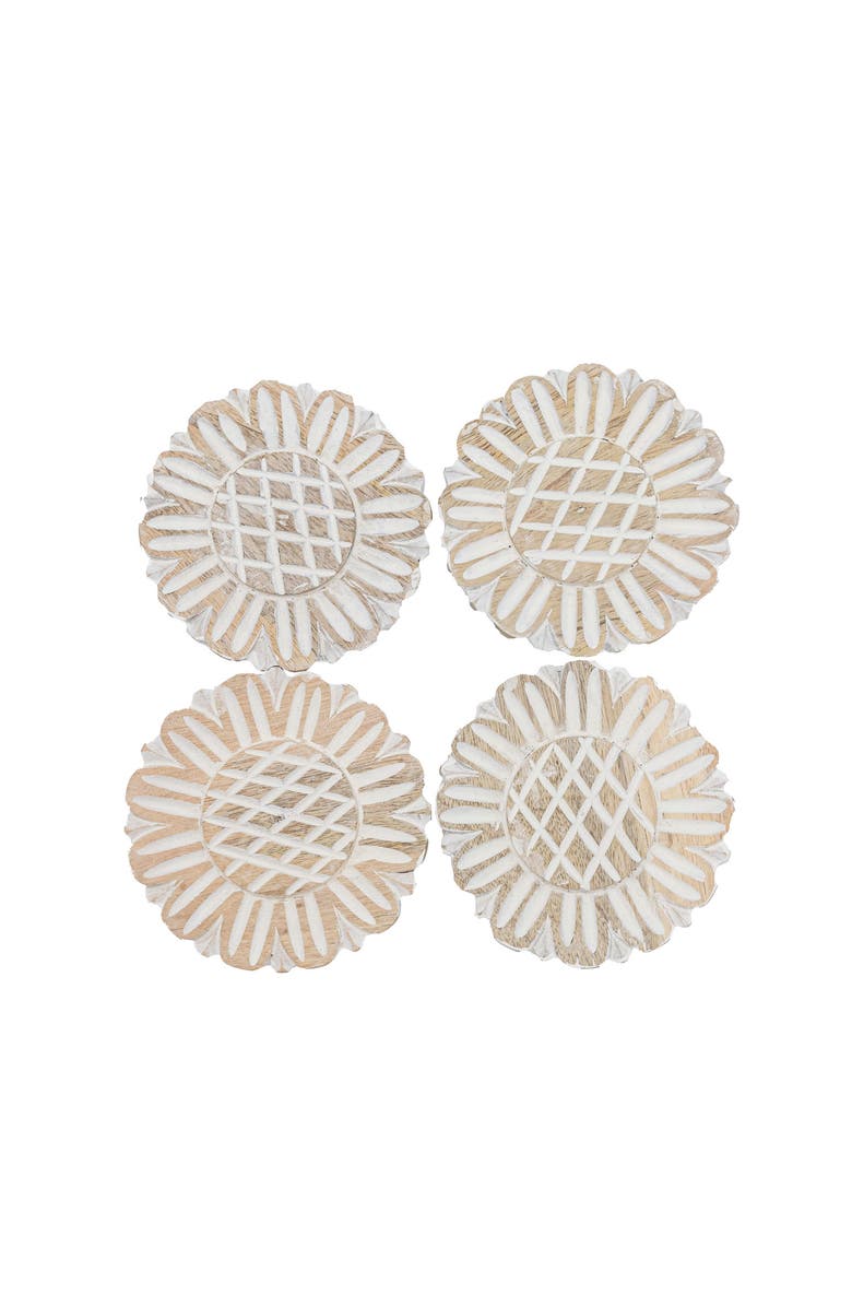 Foreside Home and Garden Set of 4 Floral Carved Coasters White Mango Wood & Jute, Alternate, color, White