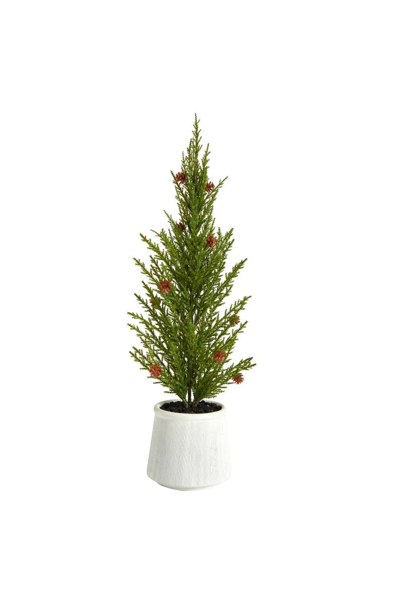 NEARLY NATURAL 20-in Cedar Pine Natural Look Artificial Tree with Mini Pine Cones in Decorative Planter, Main, color, Green