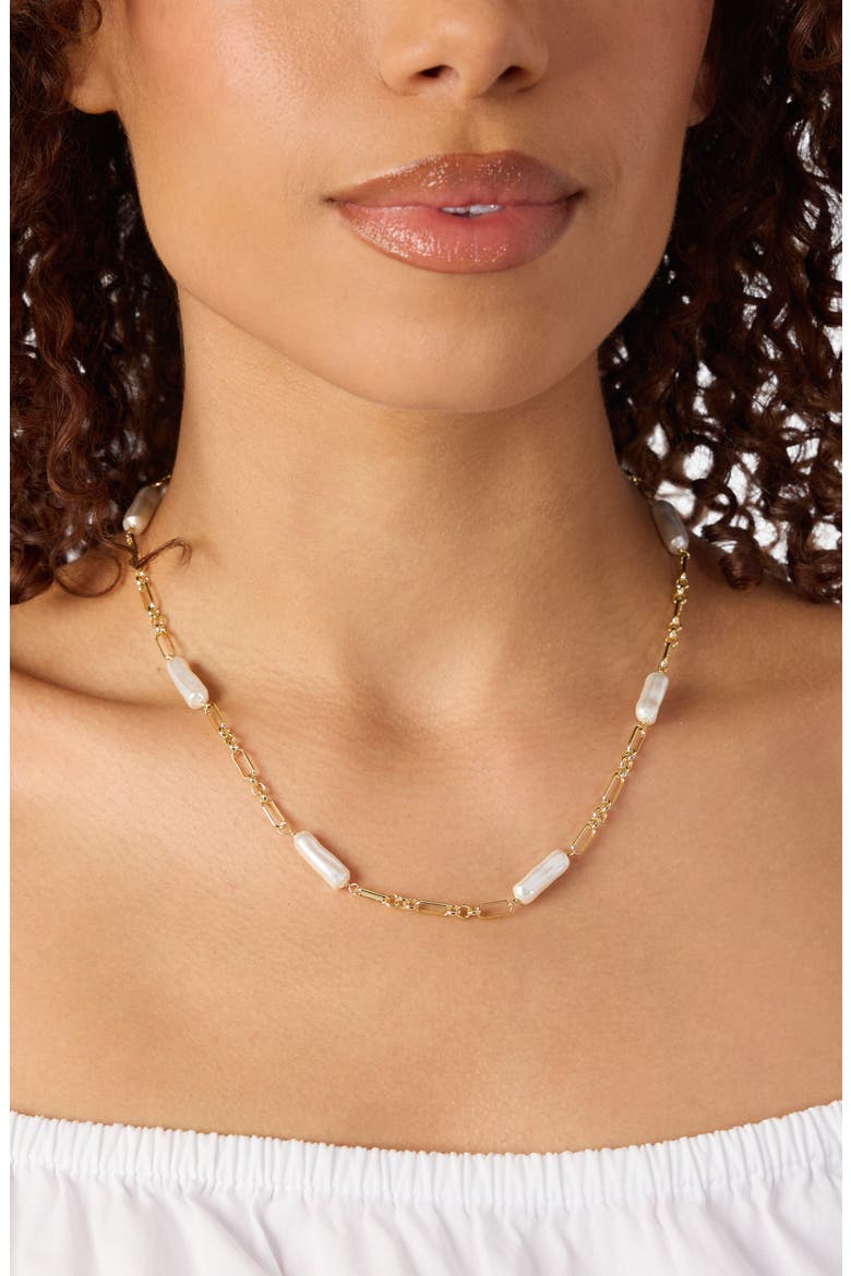 Faux Pearl Paper Clip Chain Necklace, Alternate, color, GOLD
