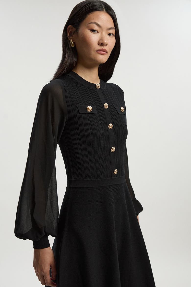Chiffon Sleeve Military Mini Knit Dress, Alternate, color, Black