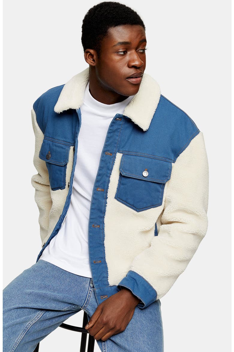 Cut & Sew Fleece & Denim Jacket, Alternate, color, BLUE