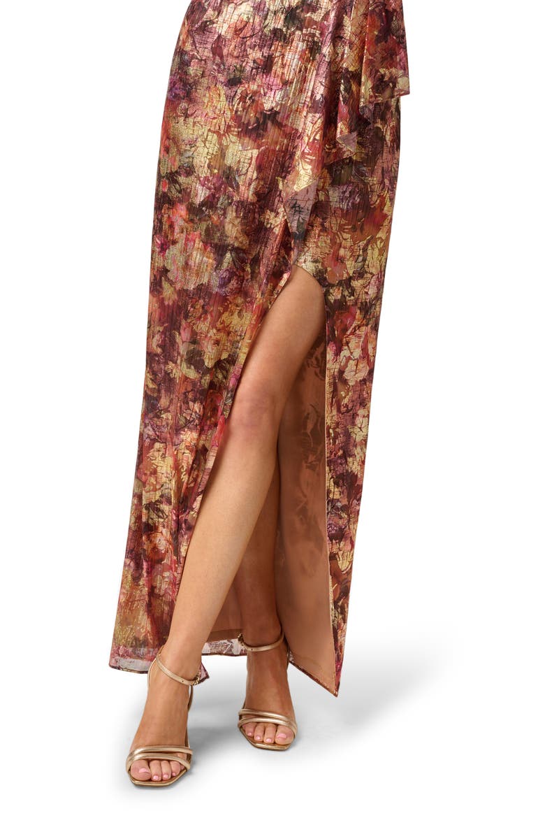 Metallic Floral One-Shoulder Chiffon Gown, Alternate, color, GOLD MULTI