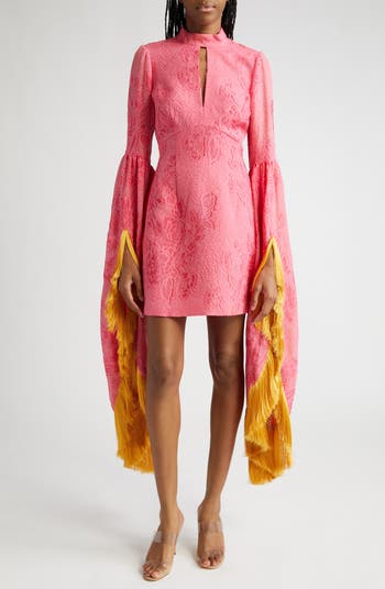 ALEMAIS Leonard Floral Cutout Fringe Long Sleeve Minidress | Nordstrom