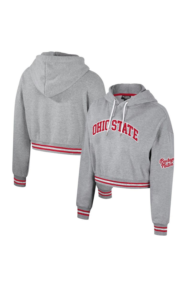 THE WILD COLLECTIVE Women's The Wild Collective Heather Gray Ohio State Buckeyes Cropped Shimmer Pullover Hoodie, Main, color, 