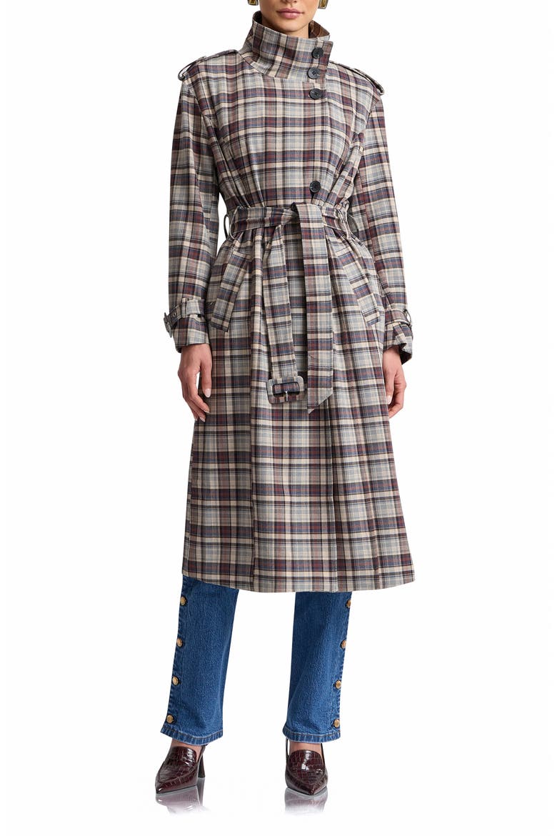 Relaxed Belted Funnel Neck Coat, Main, color, GREY - BLUE PLAID