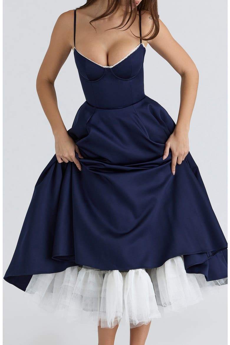Mademoiselle Sleeveless Satin Tulle Midi Dress, Alternate, color, NAVY