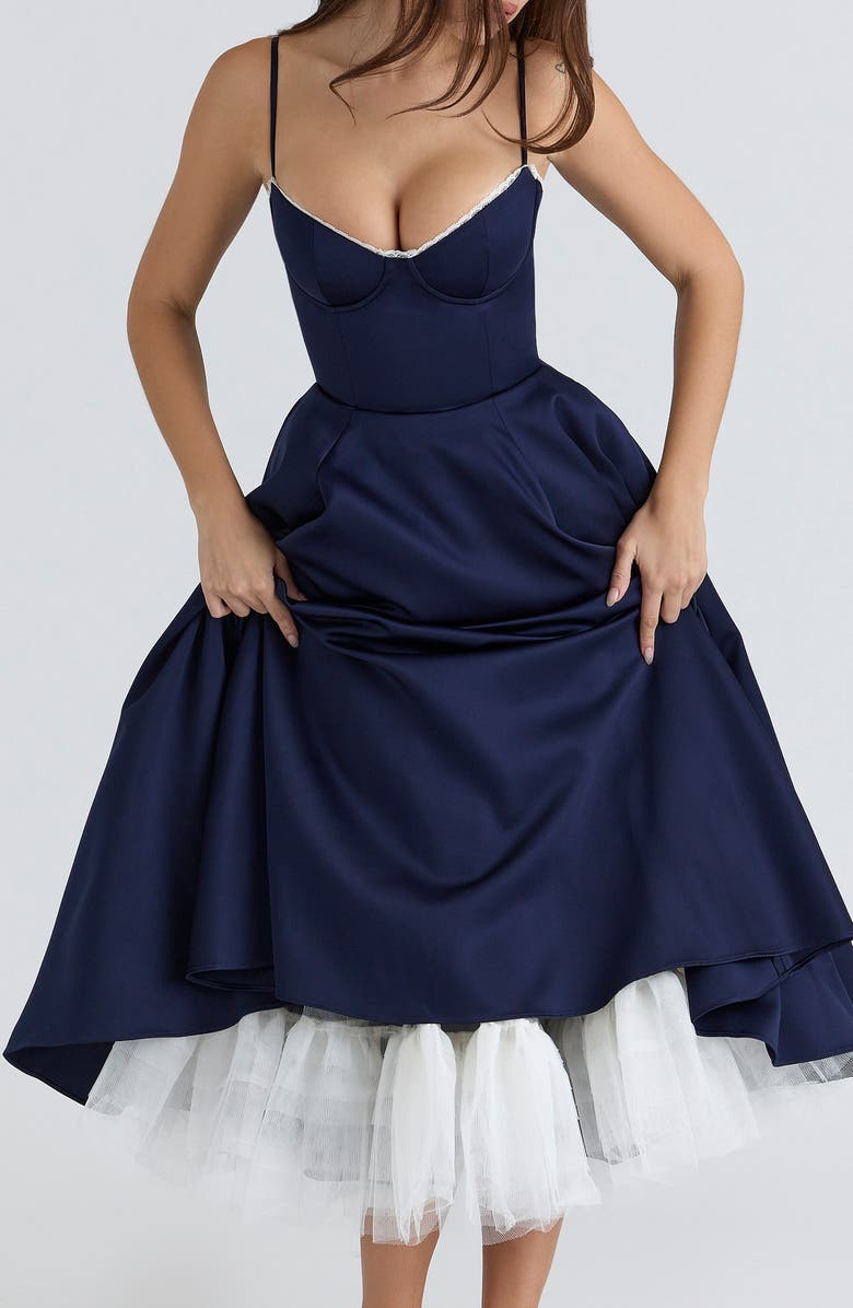 HOUSE OF CB Mademoiselle Sleeveless Satin Tulle Midi Dress, Alternate, color, Navy