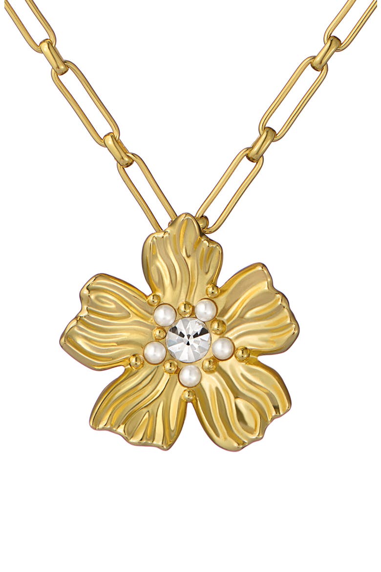 Petrice Flower Pendant Necklace, Main, color, GOLD TONE / PEARL / CLEAR