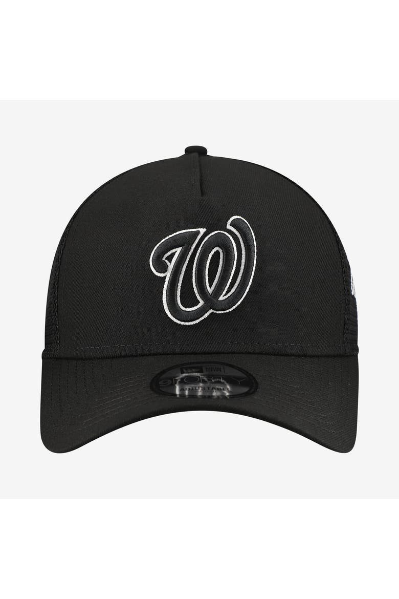 Men's New Era Black Washington Nationals Side Script 9FORTY A-Frame Trucker Adjustable Hat, Alternate, color, Black