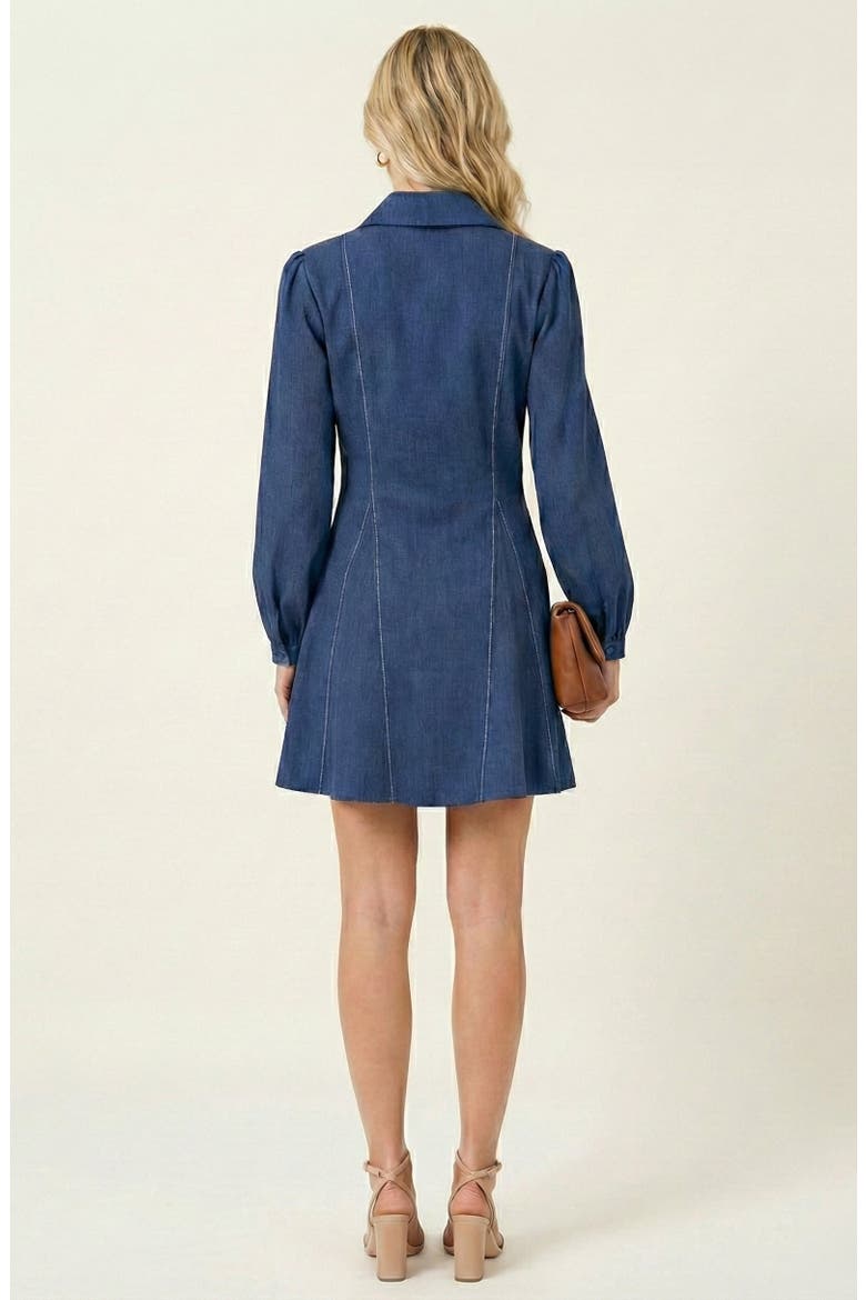 Long-Sleeve Denim Contrast-Stitching Flared-Hem Shirt Dress, Alternate, color, Blue