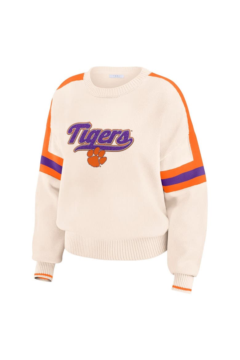 Women's WEAR by Erin Andrews  Cream Clemson Tigers Chenille Woven Patch Stripe Pullover Sweater, Alternate, color, Cream