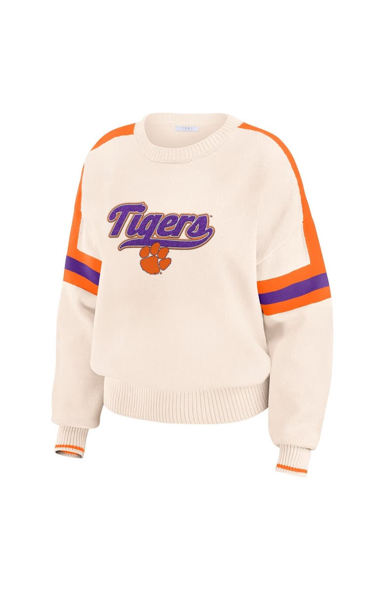 WEAR by Erin Andrews Women's WEAR by Erin Andrews Cream Clemson Tigers Chenille Woven Patch Stripe Pullover Sweater, Alternate, color, Cream