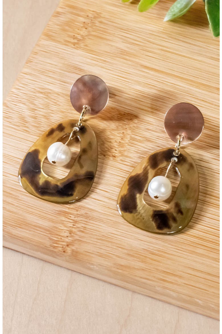 Mother-of-Pearl Hollow Earrings with Inner Pearl, Alternate, color, Brown