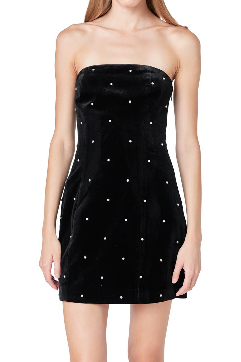Rhinestone Detail Strapless Velvet Minidress, Alternate, color, BLACK