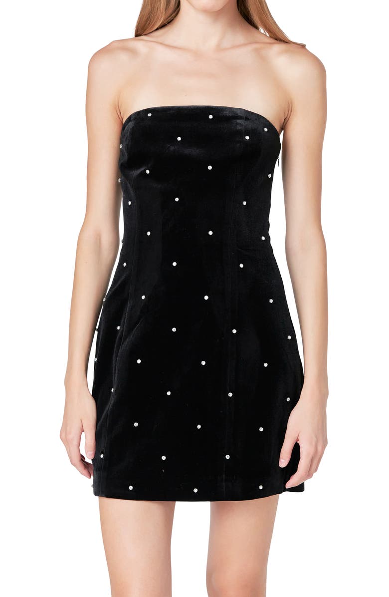 Endless Rose Rhinestone Detail Strapless Velvet Minidress, Alternate, color, Black