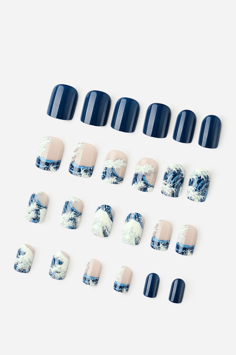 Katsushika Hokusai Great Wave Off Kanagawa Press On Nails, Alternate, color, Blue