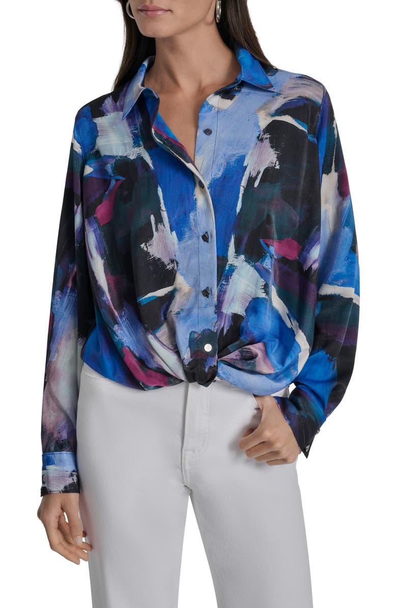 DKNY Printed Satin Button-Up Shirt, Main, color, Blue Brush