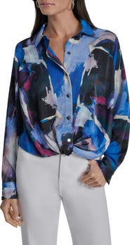 DKNY Printed Satin Button-Up Shirt