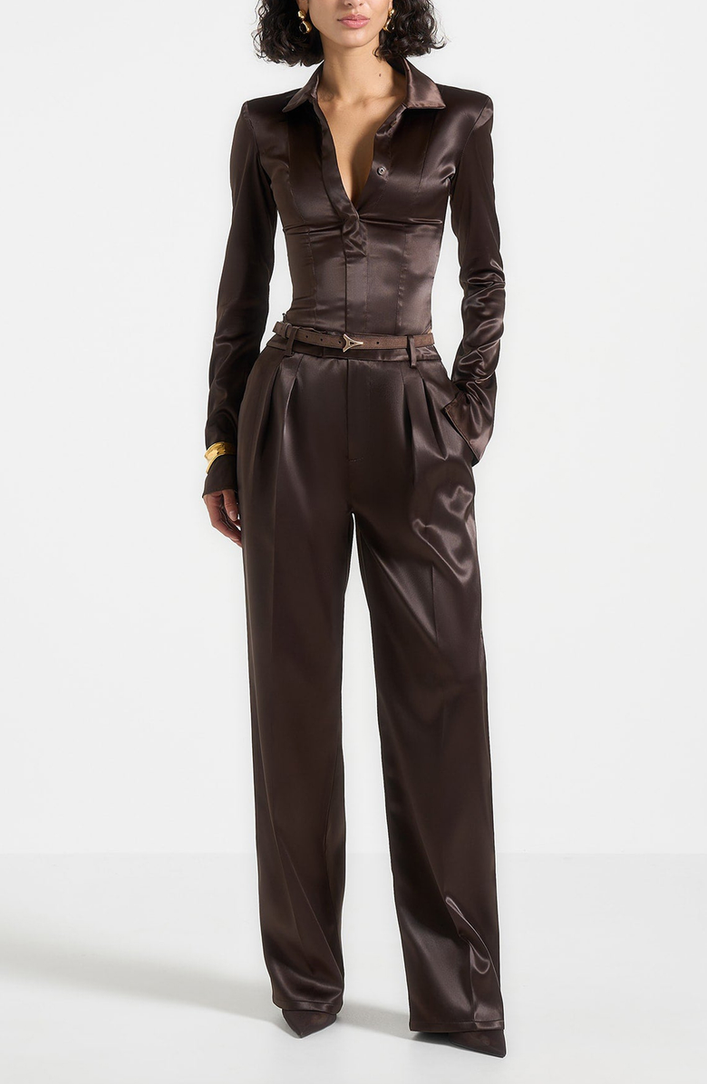 Manière De Voir Julie Satin Tailored Twin Pleat Trousers, Alternate, color, Brown