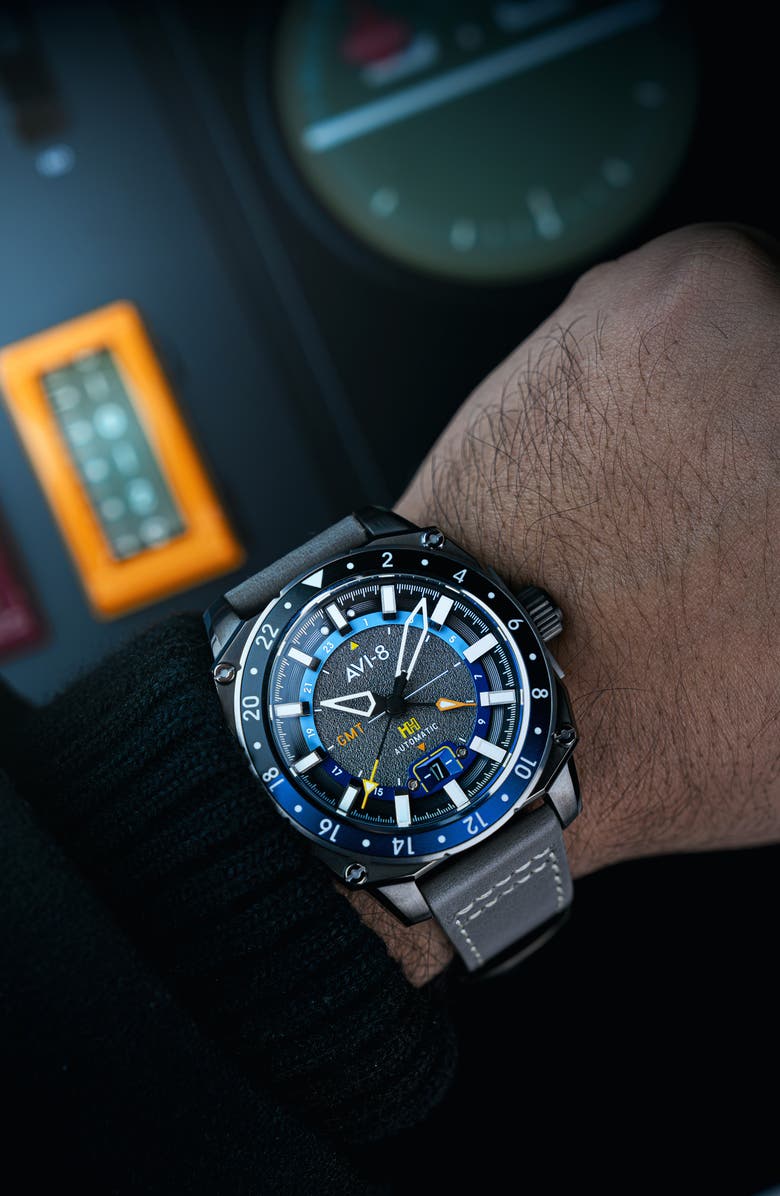 AVI-8 Hawker Hunter Atlas GMT Movement Leather Strap Watch, 44mm, Alternate, color, Grey