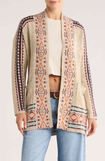 Lucky Brand Geometric Border Pocket Cardigan In Multi